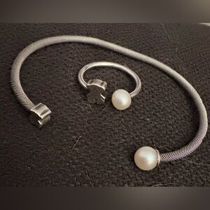 Authentic TOUS Mesh Bracelet Silver Tone And Ring Set With Pearl 925 Silver